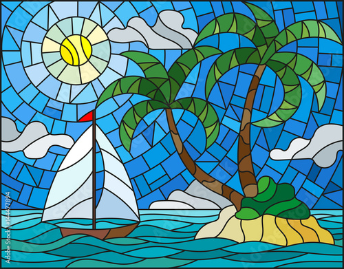Illustration in stained glass style with the seascape  tropical island with palm trees and a sailboat on a background of ocean   sun and cloudy sky