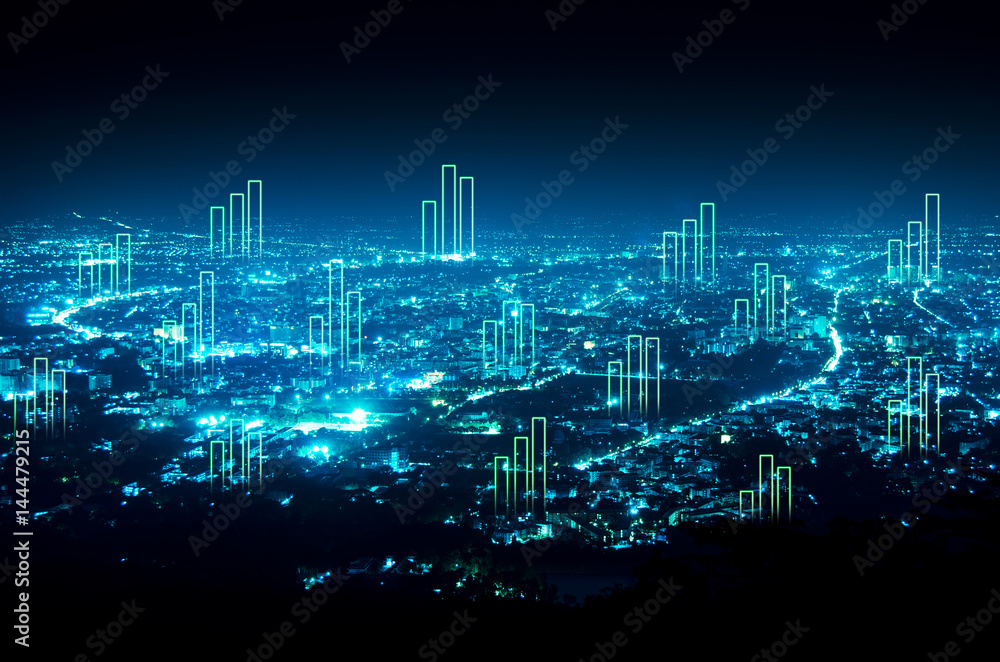 abstract business bar graph on night city background