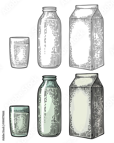 Milk box carton package, glass and bottle.