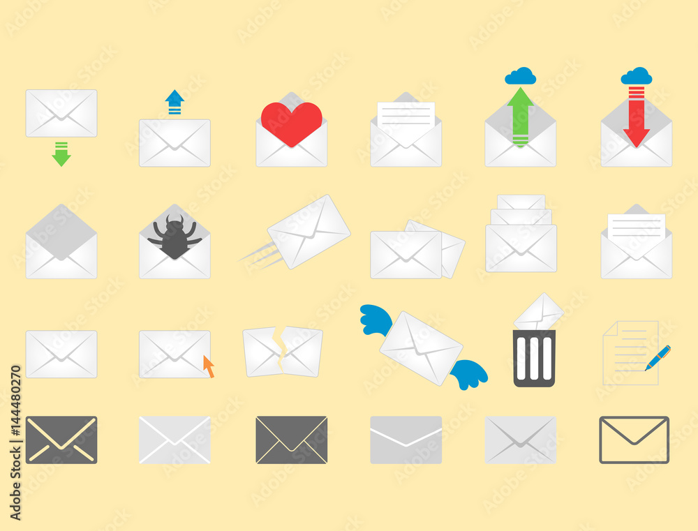 Email envelope cover icons communication and office correspondence blank cover address design paper empty card business writing message vector illustration. Email envelope cover icons communication and office correspondence blank cover address design paper empty card business writing message vector illustration.