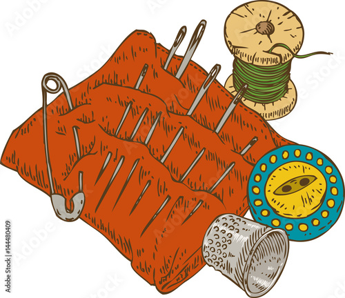 Spool of Thread, Button, Thimble, Needles, and Safety Pin