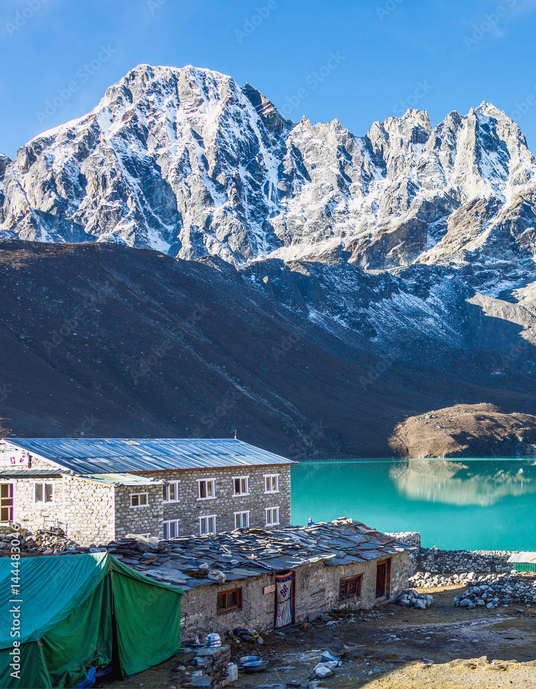 Beautiful morning view from the village of Gokyo on the lake Dudh Pokhari - Nepal, Himalayas