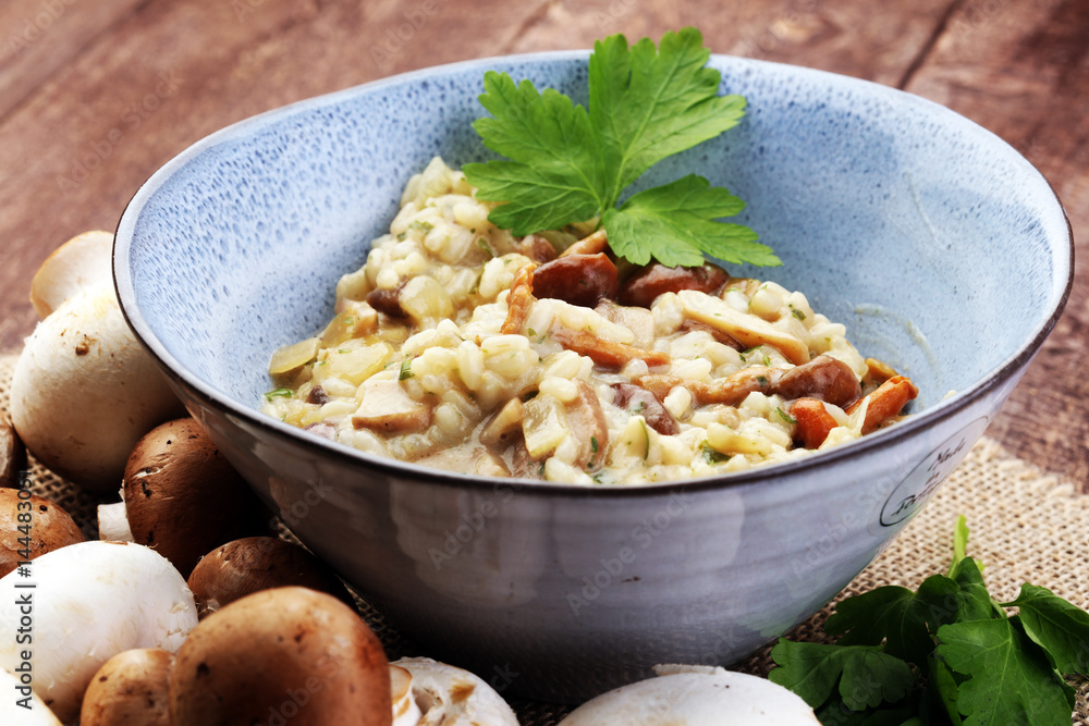 risotto with mushrooms, fresh herbs and parmesan cheese. risotto with mushrooms, fresh herbs and parmesan cheese.