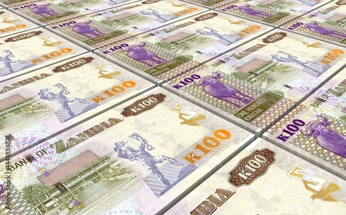 Zambian kwacha bills stacks background. 3D illustration.