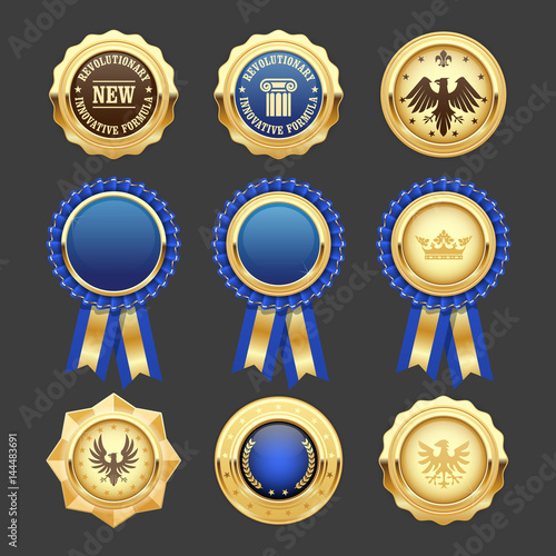 Blue award rosettes, insignia and heraldic medals