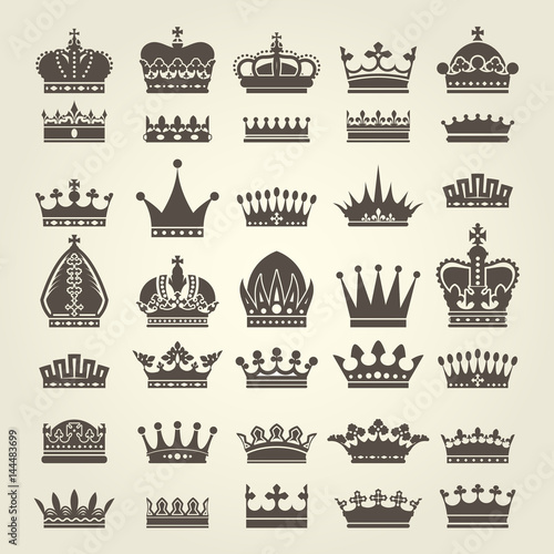 Crown icons set - monarchy authority and royal symbols