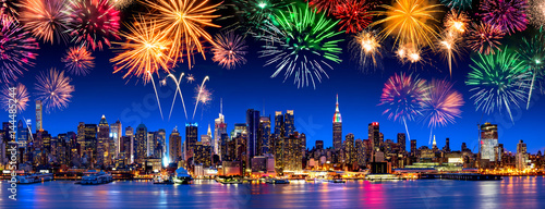 Canvas Print New York City Panorama mit Feuerwerk