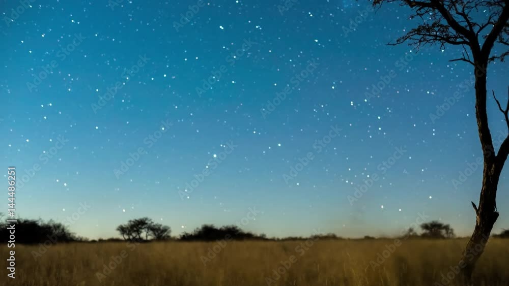A linear timelapse of a dark landscape scene and a silhouette Acacia tree with stars twisting through and the moon rises to light up the landscape A linear timelapse of a dark landscape scene and a silhouette Acacia tree with stars twisting through and the moon rises to light up the landscape