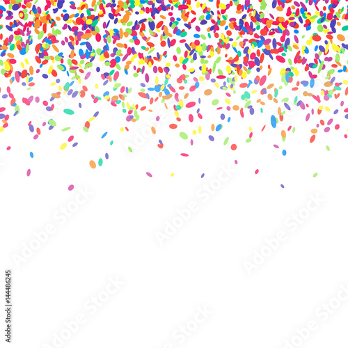 Abstract background with colorful confetti. Vector illustration of many falling sprinkles. Seamless border pattern. Isolated on white.