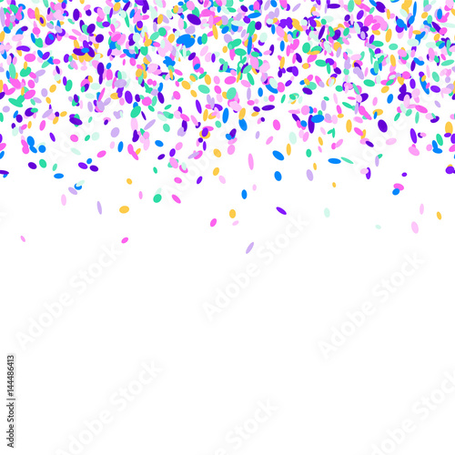 Abstract background with colorful confetti. Vector illustration of many falling sprinkles. Seamless border pattern. Isolated on white.