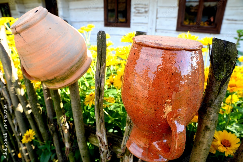 rural landscape with a clay pot on a fence and flowers