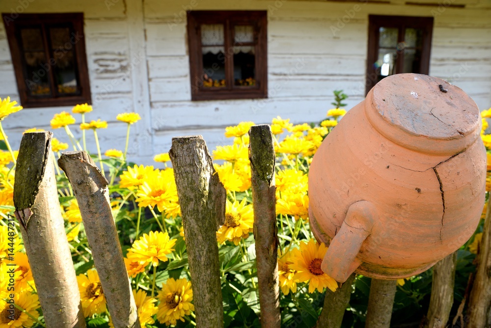 rural landscape with a clay pot on a fence and flowers