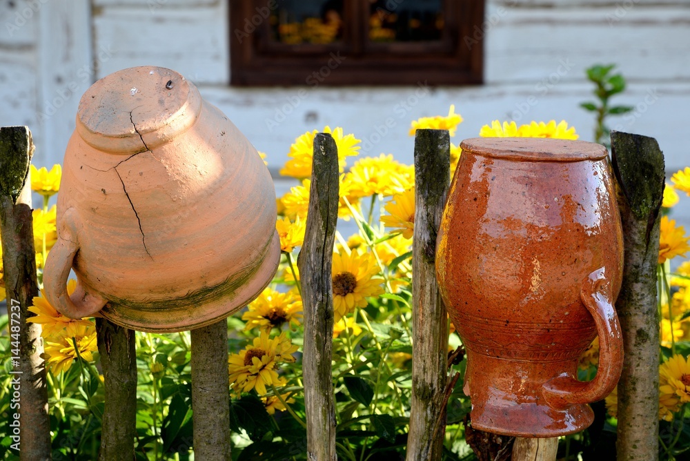 rural landscape with clay pots and flowers on the fence