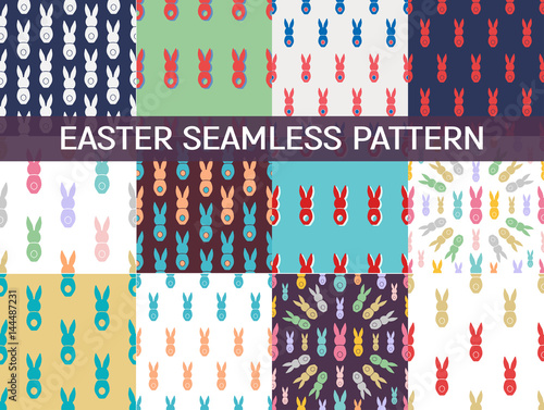 Set of 12 Seamless pattern Easter greeting with bunnies