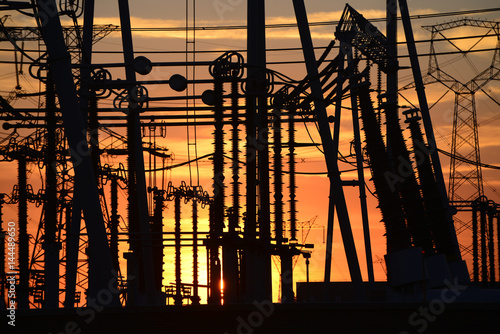 High voltage power grid, in the sunset