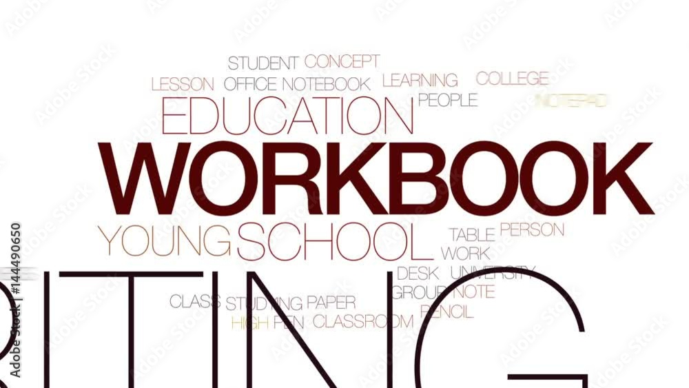 Workbook animated word cloud, text design animation. Kinetic typography. Workbook animated word cloud, text design animation. Kinetic typography.