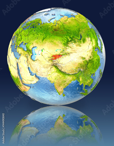 Kyrgyzstan on globe with reflection