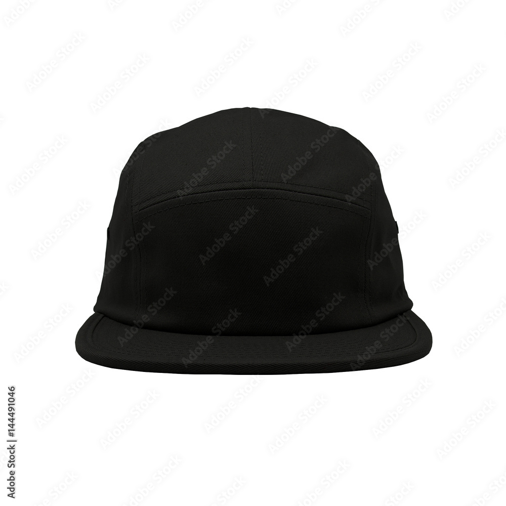 Mock up cap 5 panels blank jockey camper black front view on the white background Mock up cap 5 panels blank jockey camper black front view on the white background