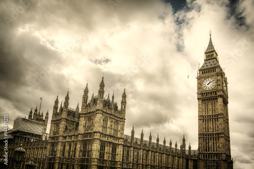 The Big Ben and Houses of Parliament in London  England  UK with dramatic cloudy sky