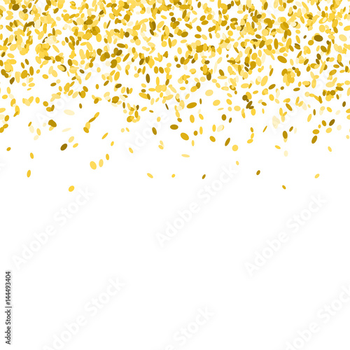 Abstract background with golden confetti. Vector illustration of many falling sprinkles. Seamless border pattern. Isolated on white.