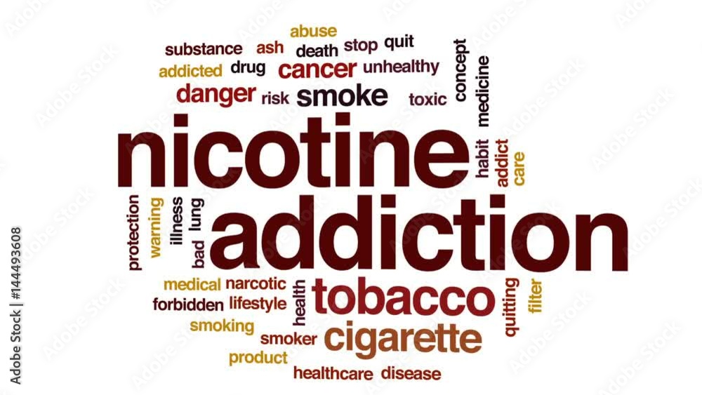 Nicotine addiction animated word cloud, text design animation. Nicotine addiction animated word cloud, text design animation.