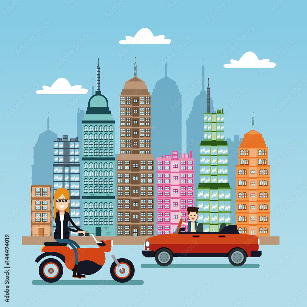 woman scooter and man car city background vector illustration eps 10