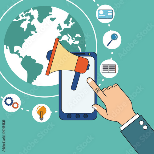 hand with smarphone digital marketing speaker vector illustration eps 10