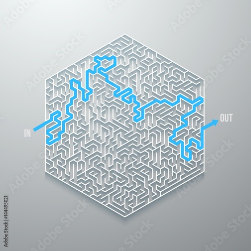 Illustration of Vector Maze Labyrinth. Antique Puzzle Game Pattern with Solution. Maze with Way In and Out
