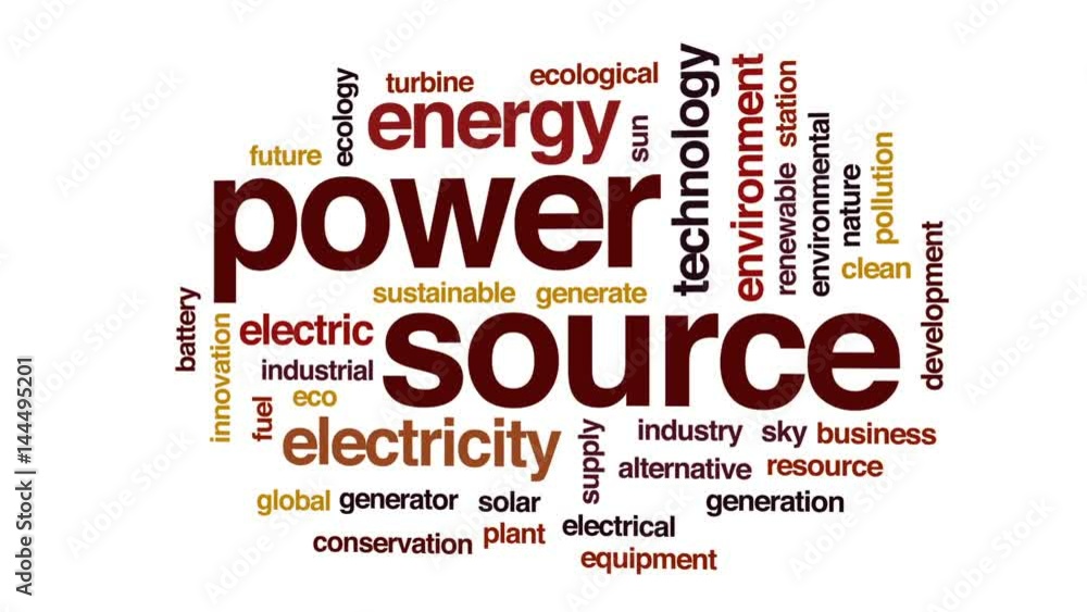 Power source animated word cloud, text design animation. Power source animated word cloud, text design animation.