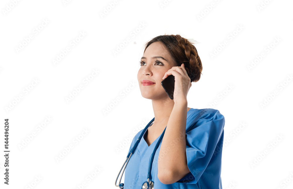 Asian female medical nurse using smart phone on white background Asian female medical nurse using smart phone on white background