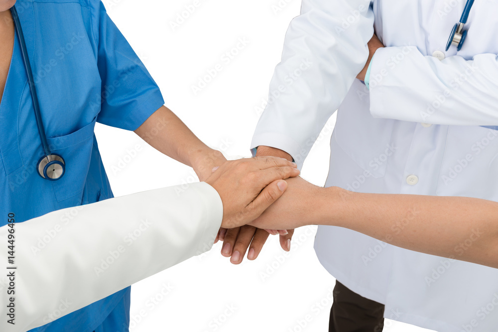 Asian male and female doctor and nurse holding hand on white background Asian male and female doctor and nurse holding hand on white background