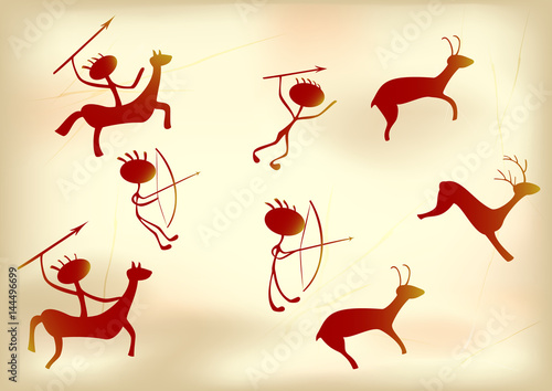 Stylized prehistoric painting depicting hunters and animals. EPS10 vector illustration.