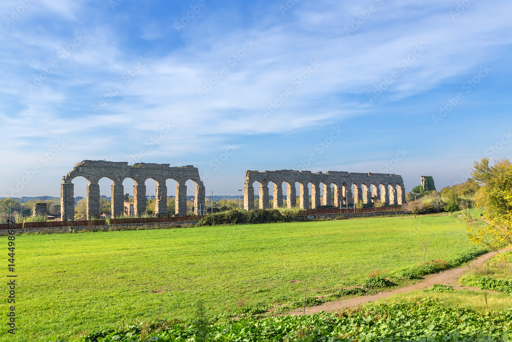 Rome, Italy. Scenic landscape with the ruins of an ancient aqueduct