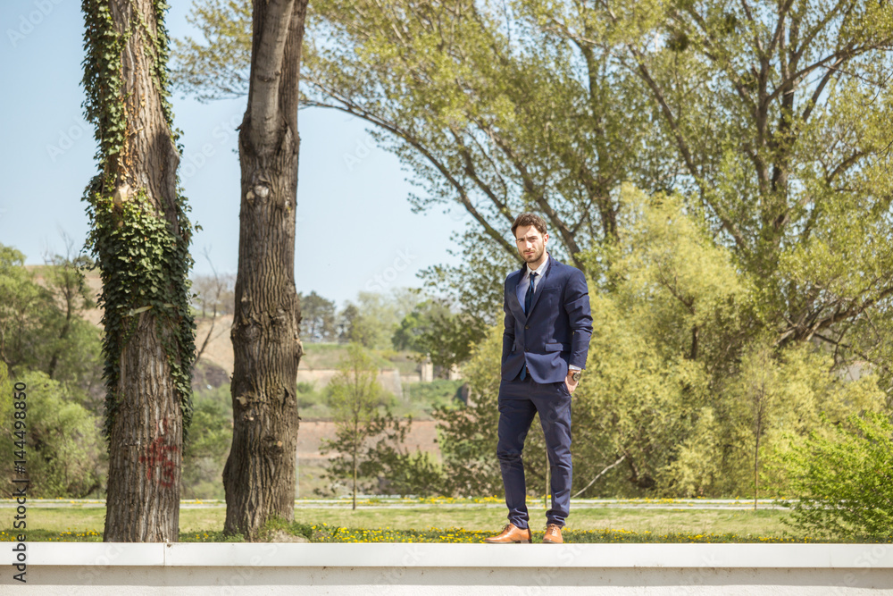 one young man, formal clothes suit shoes, standing on wall, nature outdoors one young man, formal clothes suit shoes, standing on wall, nature outdoors