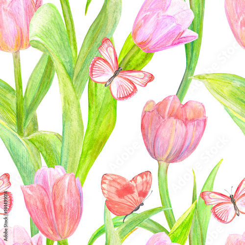 seamless texture with lovely pink tulips and butterflies for your design. watercolor painting