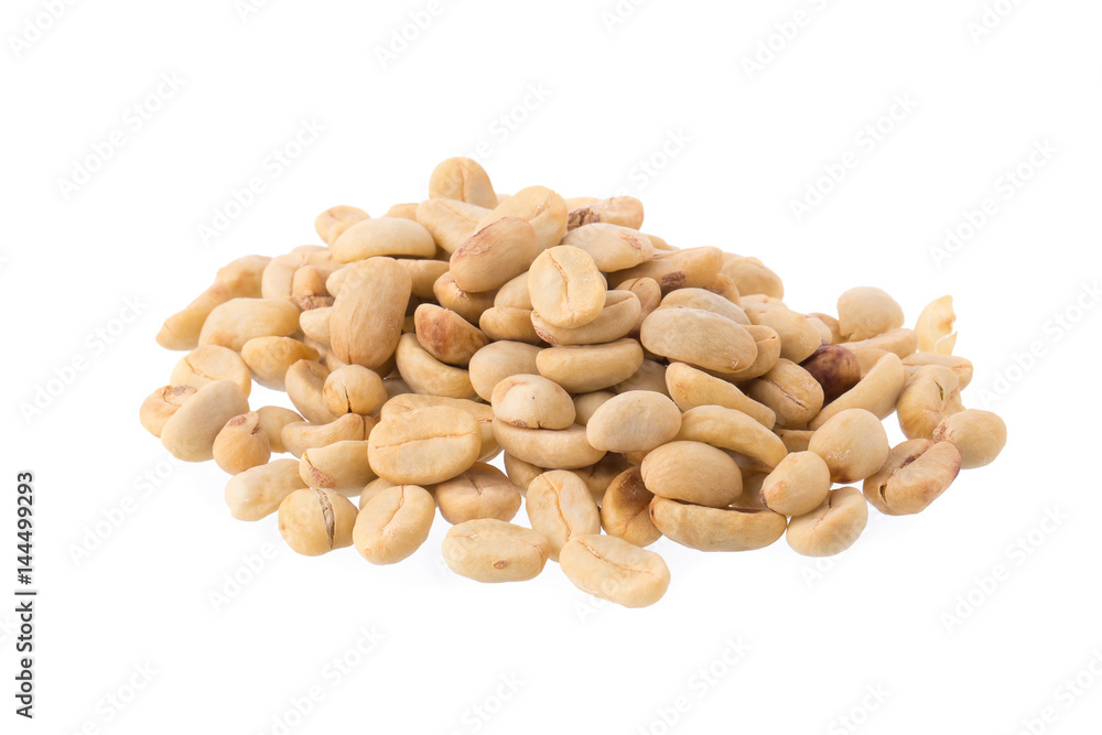 Close up raw green coffee beans on white background Close up raw green coffee beans on white background