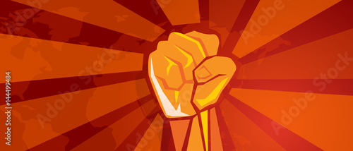 hand fist revolution symbol of resistance fight aggressive retro communism propaganda poster style in red with world map background photo