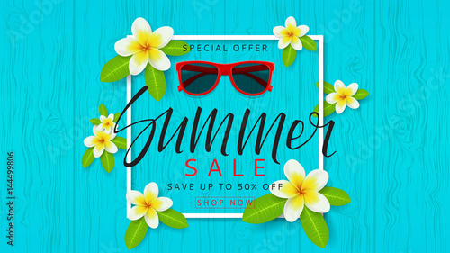 Summer sale web banner with flowers. Vector illustration. Beautiful background with plumeria flowers on wooden texture.