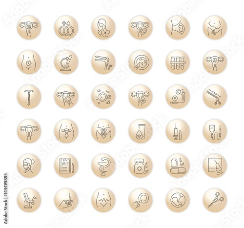 Vector graphic set.Icons in flat, contour,thin, minimal and linear design.Gynecology, gynecological problem and disease.Simple isolated icons.Concept illustration for Web site app.Sign,symbol,element.