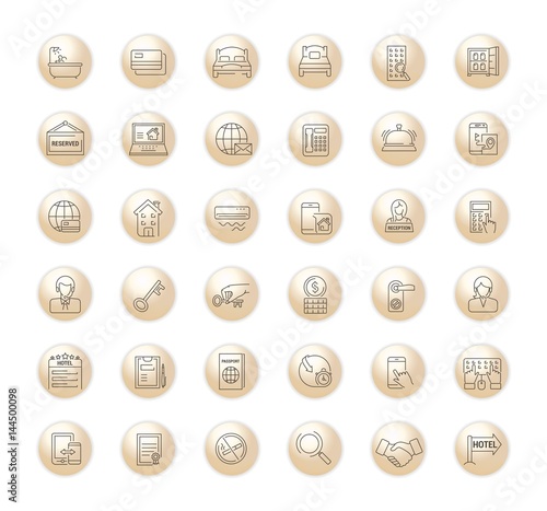 Vector graphic set. Icons in flat, contour, thin, minimal and linear design.Online hotel booking.Internet service.E-commerce. Simple isolated icons.Concept illustration for Web site, app.Sign, symbol.