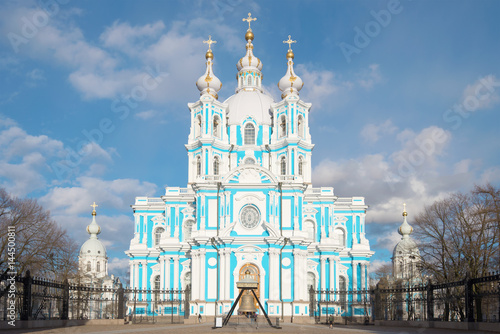 Smolny Cathedral close up, sunny April day, Saint-Petersburg