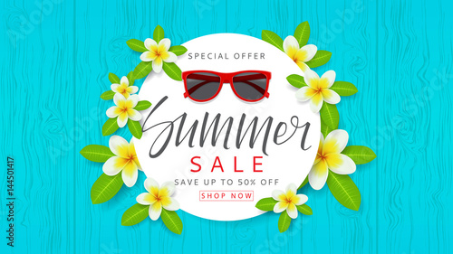Summer sale web banner with flowers. Beautiful background with plumeria flowers on blue wooden texture. Vector illustration.