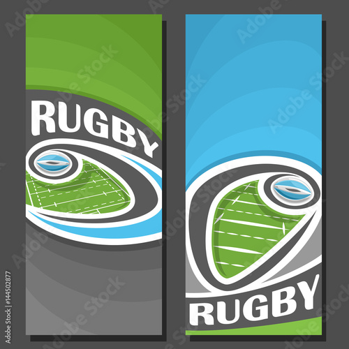 Vector vertical Banners for Rugby game: 2 layouts for title on rugby theme, oval ball flying on curve trajectory above field, abstract template banner for text on blue background, sports invite ticket