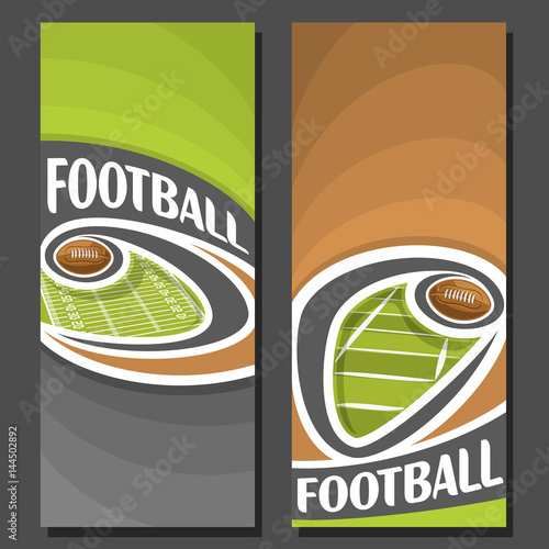 Vector vertical Banners for American Football: 2 layouts for title on american football theme, ball flying on curve above field, abstract art banner for text on brown background, sports invite ticket.