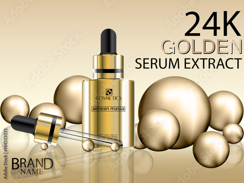 Cosmetic ads. Serum gold extract cosmetic gold bottle with 24K golden balls. Vector illustration.