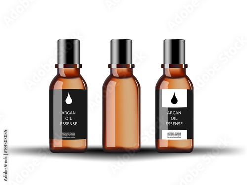 Cosmetic glass bottle with serum argan extract with different labels isolated on white background. Vector illustration.