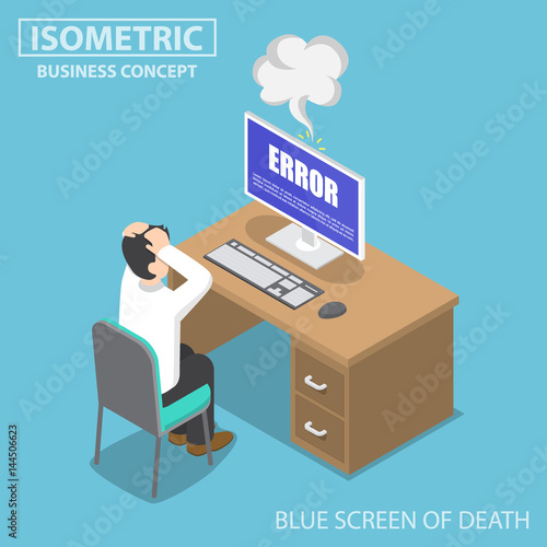 Isometric businessman having problems when his computer show blue screen error