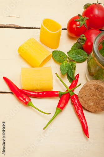 Italian pasta paccheri with tomato mint and chili pepper photo