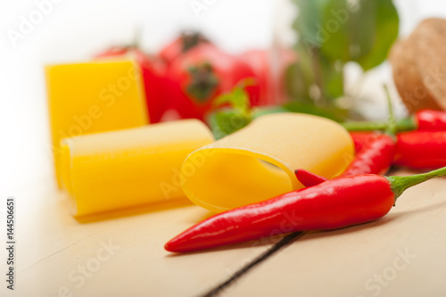 Italian pasta paccheri with tomato mint and chili pepper photo