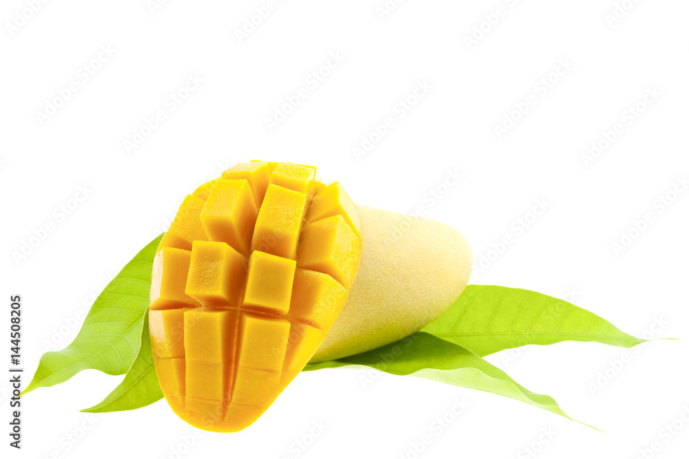 Fresh mango with leaves isolated on white background.